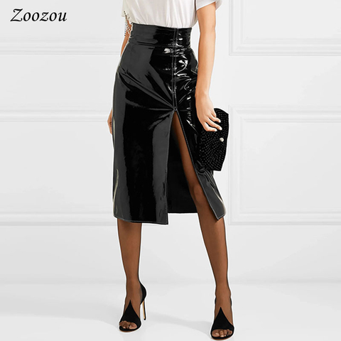 Sexy Black Split Side Patent Leather Pencil Skirt Women's High Waist Knee Length Skirt Elegant Office Lady's Latex Skirt Custom ► Photo 1/6