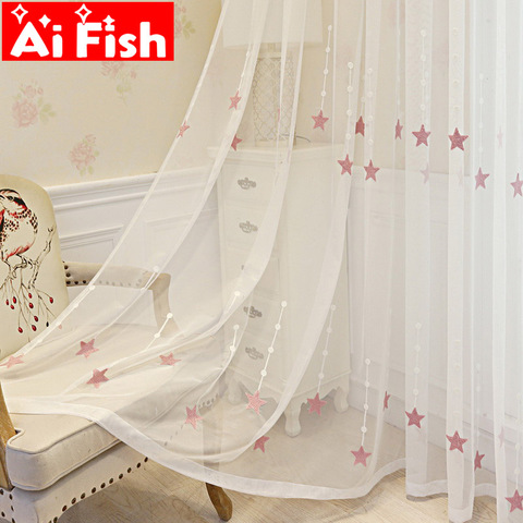 Pink Embroidered Star Sheer Curtains For Children's Bedroom Window Treatments Mesh Tulle Curtains Living Room Drapes  wp309#5 ► Photo 1/6