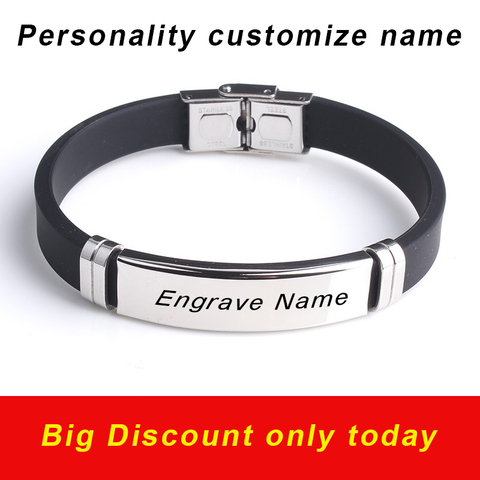 fashion engrave logo custom name bracelet Smooth Silicone 316L Stainless Steel bracelets for men personality jewelry ► Photo 1/5