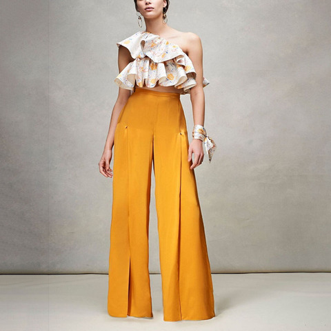 STYLISH LADY Elegant OL 2 Piece Set Women One Shoulder Ruffle Top and Wide Leg Pant Set 2022 Summer Office Lady Outfits ► Photo 1/4