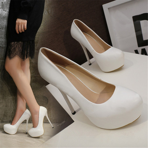 Big Size 41-47 Soft Leather Sexy Platform Women Pumps 14CM Super High Heel Round Toe Shallow Lady Office Shoes Party Black White ► Photo 1/6