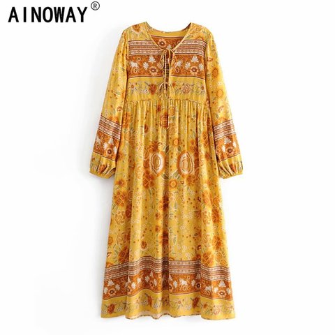 Yellow Floral print beach Bohemian Vintage Chic women flare sleeve v-neck Maxi dress  rayon cotton Boho dress ► Photo 1/6