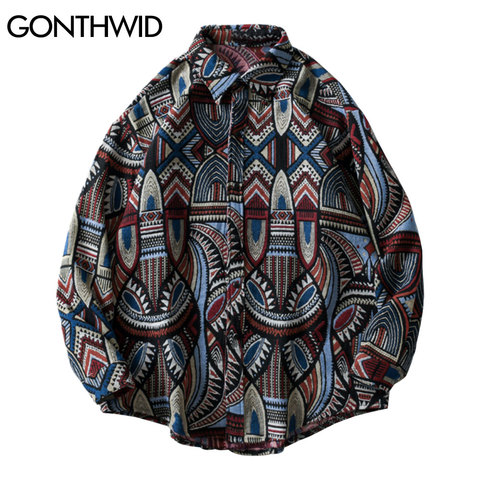 GONTHWID Knitted Shirts Nation Style Geometry Flowers Color Block Patchwork Long Sleeve Button Shirt Hip Hop Casual Tops Coats ► Photo 1/6