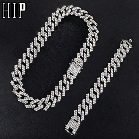 Hip Hop 1kit 20MM Silver Color Heavy Full Iced Out Paved Rhinestones Prong Cuban Chain CZ Bling Choker Necklaces For Men Jewelry ► Photo 1/6