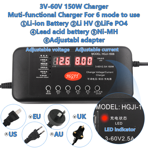 Universal AC DC 3v 28V38V48V58V60V volt adjustable 1A-8A adjustable current  for led  lights   Li-ion battery Charger 54.6V ► Photo 1/6