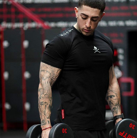 Men T Shirts Fashion Summer Bodybuilding Letter Printed Tshirt Men GYM Fitness Workout  O-Neck Show Muscle ► Photo 1/6