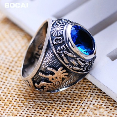 S925 silver jewelry wholesale Vintage Silver Blue crystal ring ring factory direct totem domineering man ring ► Photo 1/6