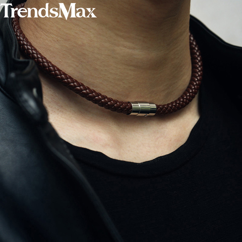 Men's Choker Necklace Black Brown Braided Leather Necklace Stainless Steel Magnetic Clasp Male Jewelry Gifts UNM27A ► Photo 1/6