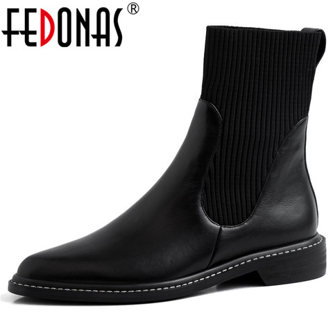 FEDONAS Fashion Women Genuine Leather Knitting Ankle Boots Winter New High Heels Party Night Club Shoes Woman Chelsea Boots ► Photo 1/6