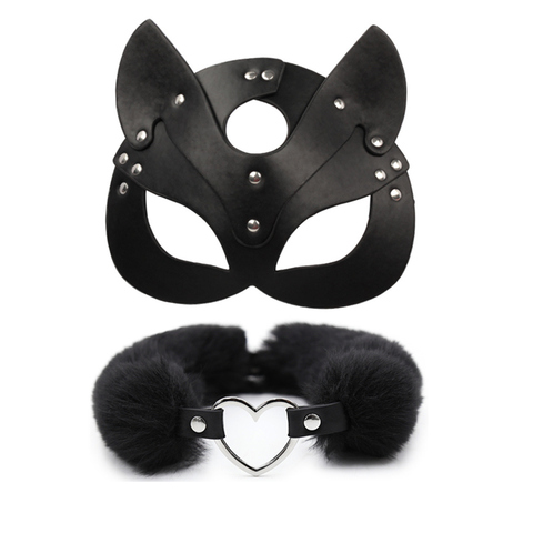 Porn Cat Women Sex Mask and Collar Cosplay Face Cat Leather SM Halloween Masquerade Party Mask Erotic Adult Games Sex Toys ► Photo 1/6
