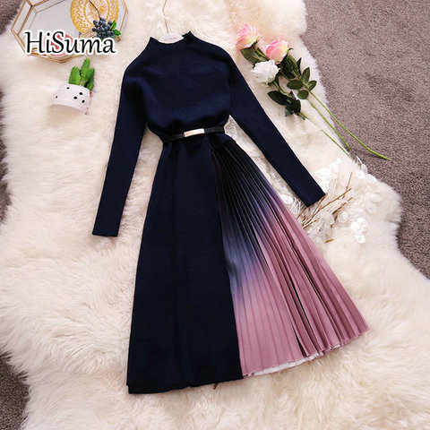 2022 Autumn Winter New Women O-Neck Long Sleeve Knitted With Chiffon Pleated Fairy Dress Female Chic Elegant Sweater Dresses ► Photo 1/6