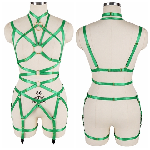 Summer Green Harness Belt Set Cage Body Strappy Top Punk Gothic Metal Ring Party Dance Leg Garter Suspender Elastic Lingerie ► Photo 1/6