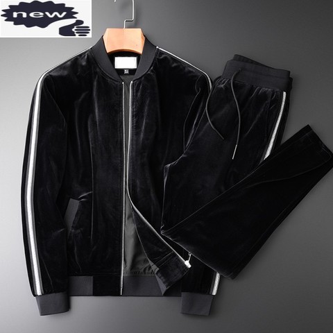 Autumn Men Velvet Two Piece Set Jacket Top Elastic Waist Sweatpants Fitness Tracksuit Silver Side Striped Joggers Matching Sets ► Photo 1/6