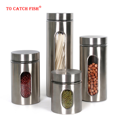 Kitchen Food jar Sealed Cans Household Glass Covered With Transparent Jar tea Miscellaneous Grain Storage stainless steel Cans ► Photo 1/6