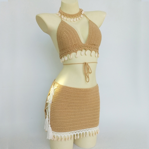 3pcs Bikini Set Woman Crochet Shell Tassel Bikini Top And Seashell Ankle Chain Sexy Beach Skirt Lace See Through Slim Mini Skirt ► Photo 1/6