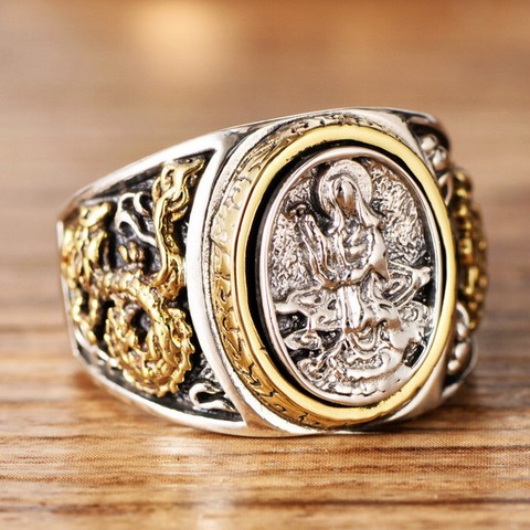 2022 new S925 pure Silver jewelry vintage Thai silver male ring golden dragon lotus Avalokitesv ring for men silver index finger ► Photo 1/6