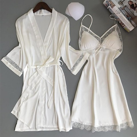 Sexy Women Rayon Kimono Bathrobe WHITE Bride Bridesmaid Wedding Robe Set Lace Trim Sleepwear Casual Home Clothes Nightwear ► Photo 1/6