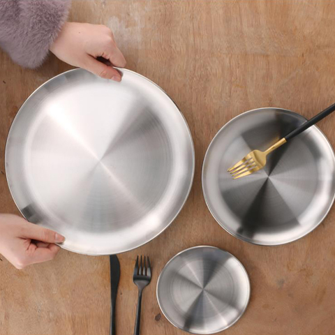 Stainless steel Dinner Plates Restaurant Gold Serving Tray Round Dessert Cake Snack Dishes Silver Storage Plate Korean Cutlery ► Photo 1/5