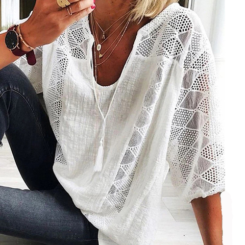 Summer New Women T-Shirt Sexy V-Neck Three Quarter Sleeve Lace Female T-Shirt Fashion Casual Solid Ladies Pullover T-Shirt ► Photo 1/6