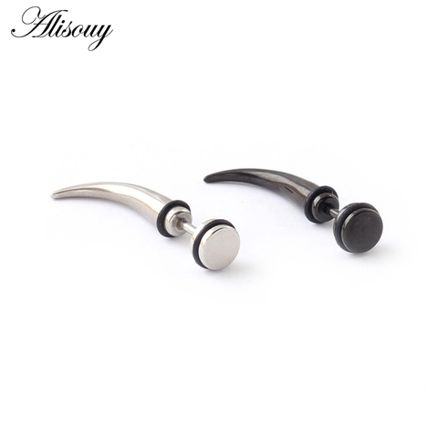 Unique Silver color Black titanium Steel Horn Cone Spike Tip Women Men Ear stud Earrings 2pcs ► Photo 1/5