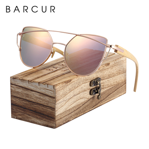 BARCUR Bamboo Cat Eye Sunglasses Polarized Metal Frame Wood Glasses Lady Luxury Fashion Sun Shades With Box Free ► Photo 1/6