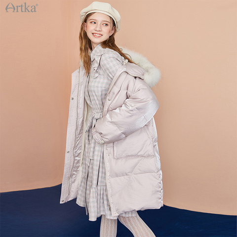 ARTKA 2022 Winter New Women Down Jacket Fashion Glossy 90% White Duck Down Coat Fox Fur Collar Hooded Long Outerwear ZK20222D ► Photo 1/6