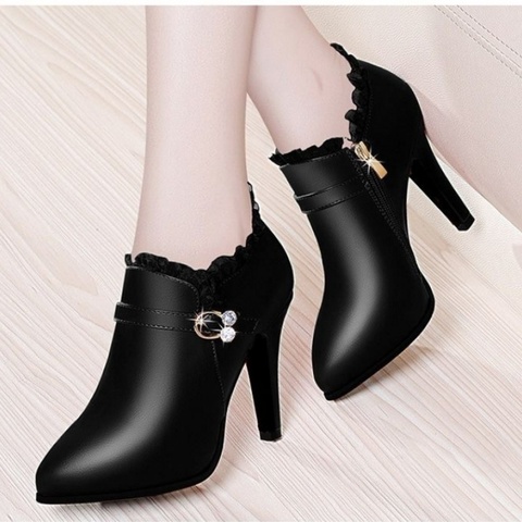 2022 Winter Super High Heels Ankle Boots Women Dress Shoes Lace Pointed Toe Botas Mujer Rhinestone Booties Gladiator Black ► Photo 1/4