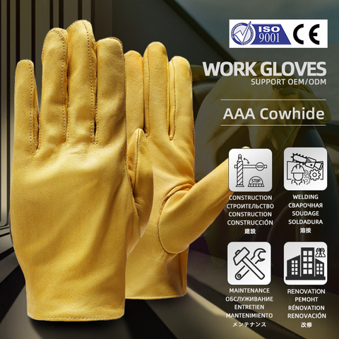 QIANGLEAF Brand New Yellow Work Drivers Gloves Gardening Household Work Cowhide Leather Safety Working Glove Men&Women 130NP ► Photo 1/6