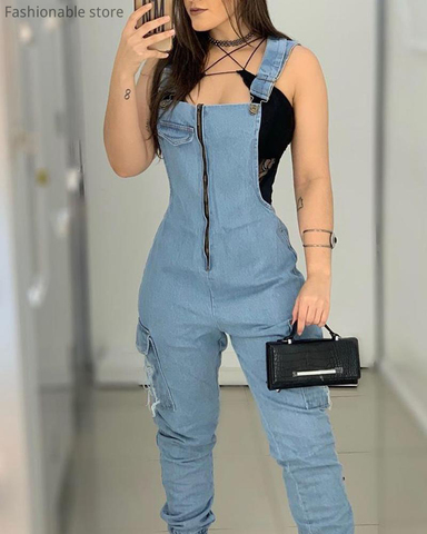 Women Denim Jumpsuits Overalls Long Rompers Zip Front Suspender Jeans Thick Strap Jumpsuit ► Photo 1/3