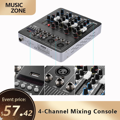 Professional 4-Channel Mixing Console Mic Line Audio Mixer Mixing Console Mixer with 3-band EQ 48V Phantom Power USB Interface ► Photo 1/6