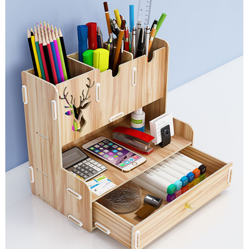 Desktop Stationary Wooden Desk Organizer Multi-Functional Pen Holder Box 