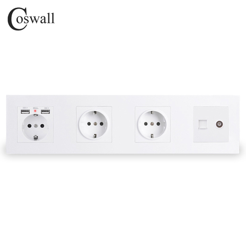 COSWALL Triple Wall EU Socket Grounded + Dual USB Charging Port With Soft Backlight + Female TV & RJ45 Internet Outlet PC Panel ► Photo 1/3