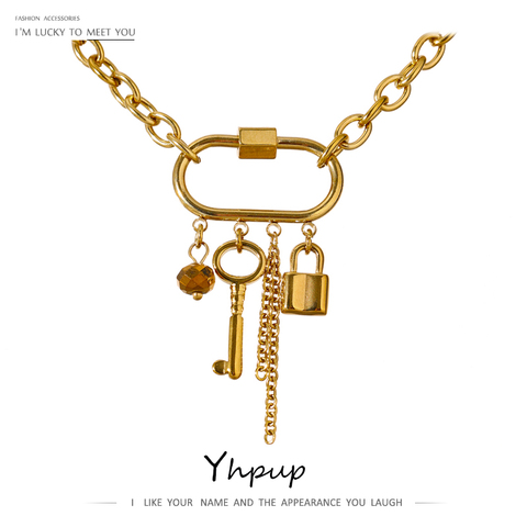 Yhpup Charm Metal Crystal Lock Key Pendant Necklace Stainless Steel Chain Choker Necklace Jewelry Collane Donna Statement 2022 ► Photo 1/6