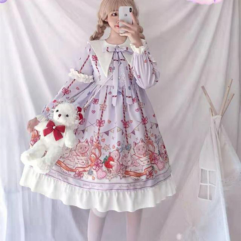 Hstar Cute Women's Lolita OP Dress Flouncing Lace Trim Japanese Harajuku Long Sleeves Doll Dress Fairy Vestidos ► Photo 1/6