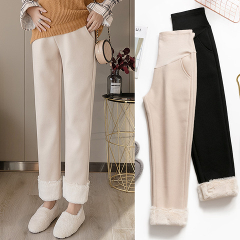 Winter Warm Elastic Waist Belly Pants for Pregnant Women Pregnancy Trousers Winter Thicken Warm Plus Velvet Maternity Pants ► Photo 1/6