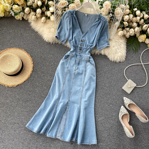 Women Summer Retro Midi Denim Dress Solid V Neck Button Sexy Split Slim Dress Korean Elegant Streetwear Ruched Dress ► Photo 1/6