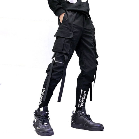 Hip Hop Men Ribbons Cargo Pants Fashion Harajuku 2022 New Elastic Waist Casual Streetwear Mens Joggers Trousers Black ► Photo 1/5