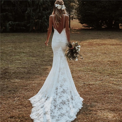 Boho Mermaid Wedding Dresses 2022 with Spaghetti Straps Backless Sexy Beach Bride Dresses Bohemian Bridal Gowns Vestido De Noiva ► Photo 1/5