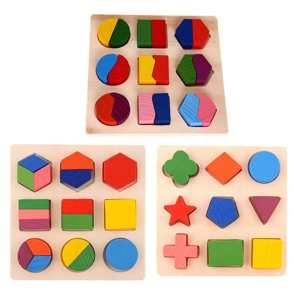 Kids Baby Wooden Geometry Building Blocks Puzzle Early Learning Educational Gift 