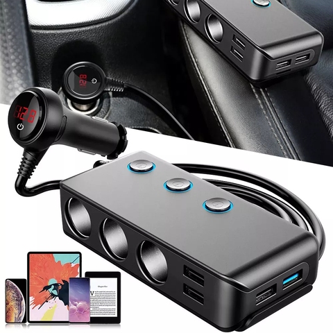 VR robot 12-24V 120W 3-Socket Cigarette Lighter Splitter QC3.0 + 3-Port USB Car Charger with ON-Off Switch LED Display Voltag ► Photo 1/6