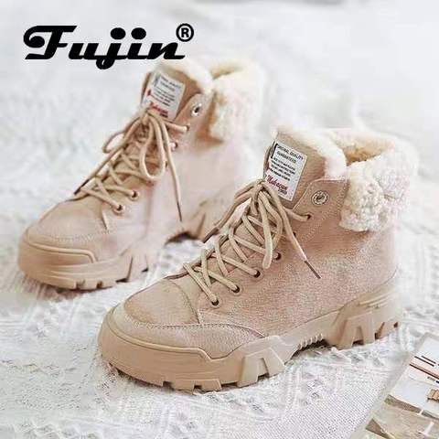 fujin women snow boots beige plush warm fur causal boots shoes sneakers ankle booties platform thick sole lace up winter shoes ► Photo 1/6