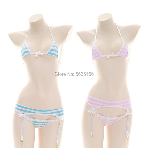 Sexy Lingerie Lolita Kawaii Blue Pink White Striped Bikini Adult Cosplay Japanese girl Three Point Micro Bikini ► Photo 1/5