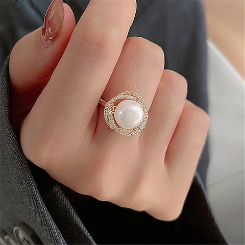 Micro Pave Zircon Flower Twist Big Pearl Rings For Women 2022 New Fashion Jewelry Luxury Classic Open Ring ► Photo 1/6