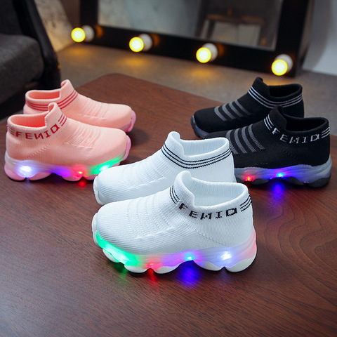 Kids Sneakers Children Baby Girls Boys Letter Mesh Led Luminous Socks Sport Run Sneakers Shoes Sapato Infantil Light Up Shoes ► Photo 1/1