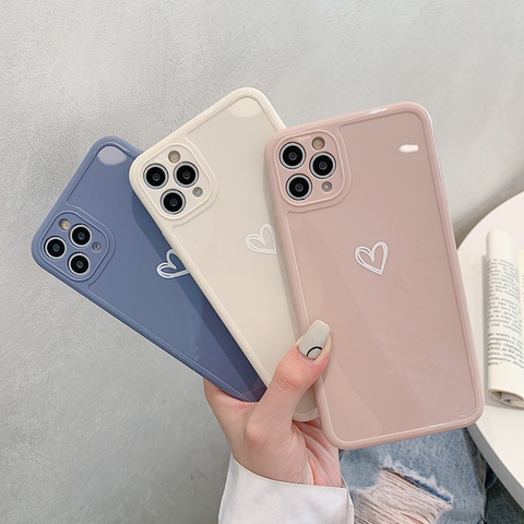 Solid Love Heart Phone Case For iPhone 12 11 Pro Max X XS XR 7 8 Plus SE 2022 Candy Shockproof Camera Protection Soft TPU Cover ► Photo 1/6
