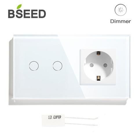 BSEED Touch Dimmer Switch 2 Gang With EU Standard Wall Switch Socket 3 Colors Crystal Glass Panel 157mm Touch Dimmer ► Photo 1/6