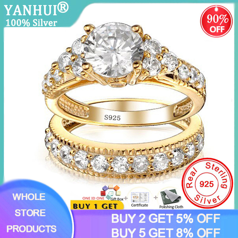 With Certificate 100% Original 925 Solid Silver Rings Set For Women 2.0ct Natural Zirconia Pure Gold Wedding Rings Set for Bride ► Photo 1/6
