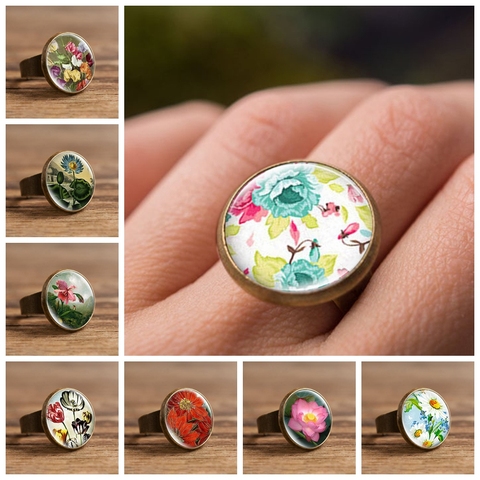 Fashion Beauty Colorful Flowers Narcissus Tulip Poppy Glass Cabochon Rings Resizable Jewelry Hand Craft Round Rings Accessories ► Photo 1/6