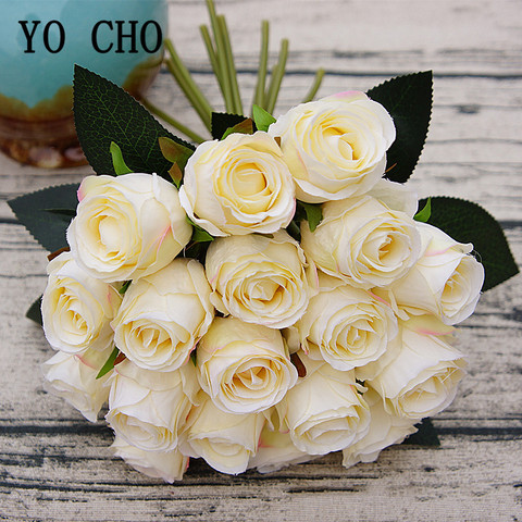 YO CHO Artificial Flower Bouquet 18 Heads Silk Rose Fake Flower White Bridesmaid Wedding Bouquet Home Party Wedding Table Decor ► Photo 1/6