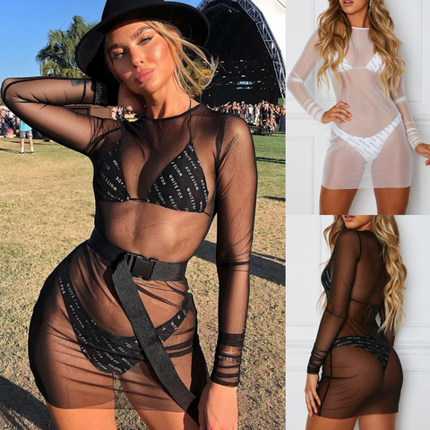 Hirigin Mesh See Through Sexy Dress Womem Sundress Summer 2022 New Long Sleeve Lace Mini Dress Party Fits Beach Bikini Cover Up ► Photo 1/6